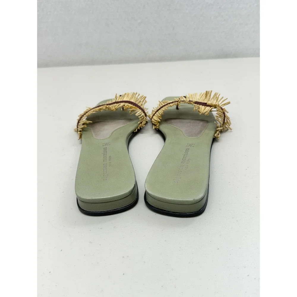 Sigerson Morrison Green Leather Raffia Fringe Thong Flat Sandals Square Toe 9